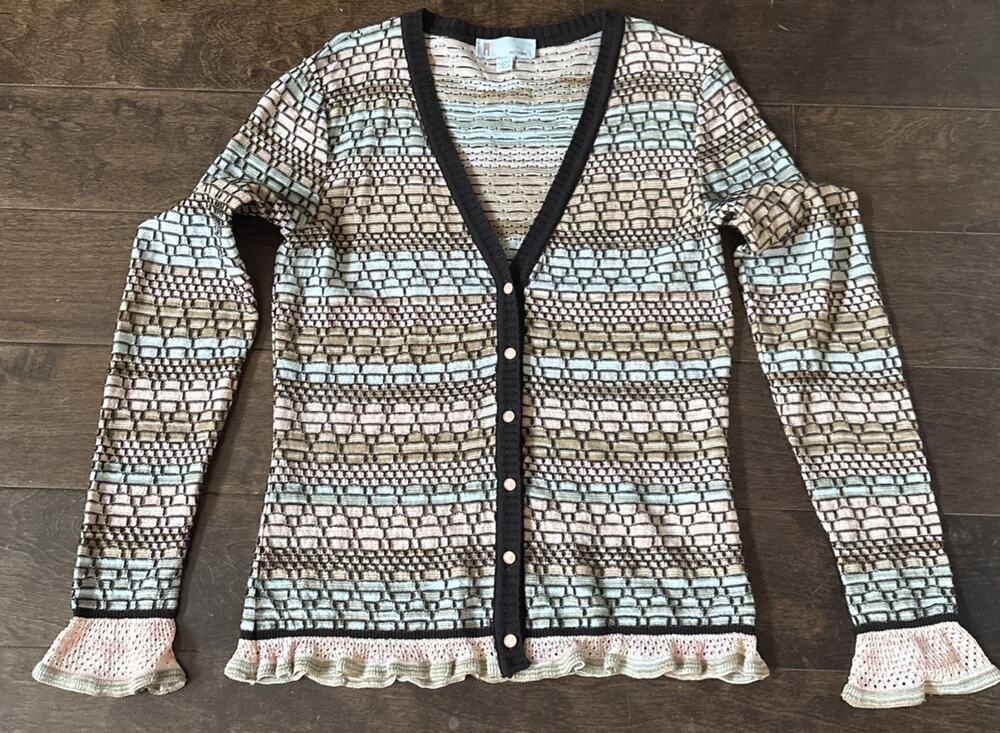M Missoni Multicolor Striped Knit V-Neck Button Cardigan Sweater Women’s 8